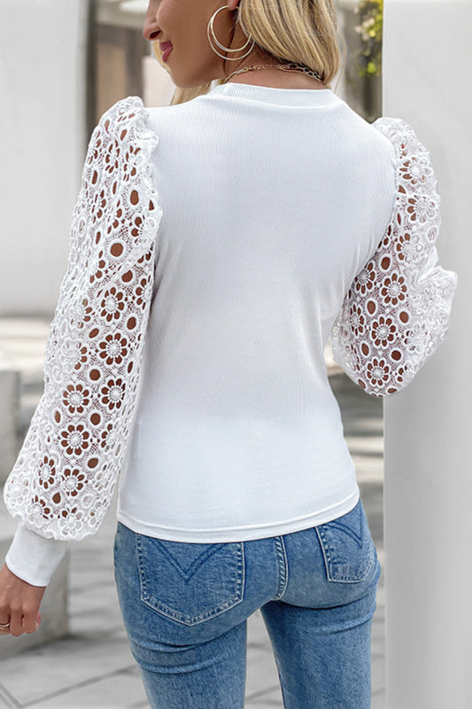 White Lace Puff Sleeve Knit Top with Crew Neck