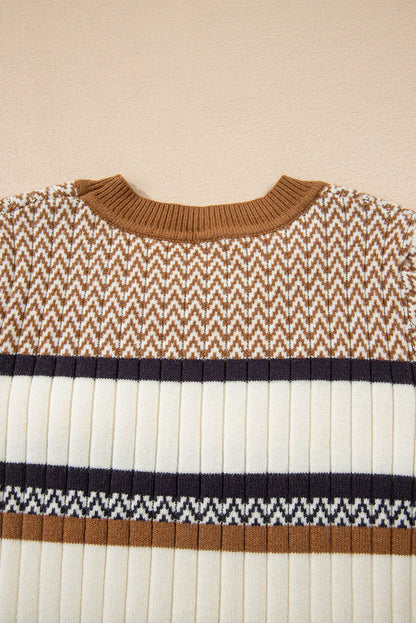 Stripe Stylish Pattern Knitted Ribbed Trim Slim Sweater