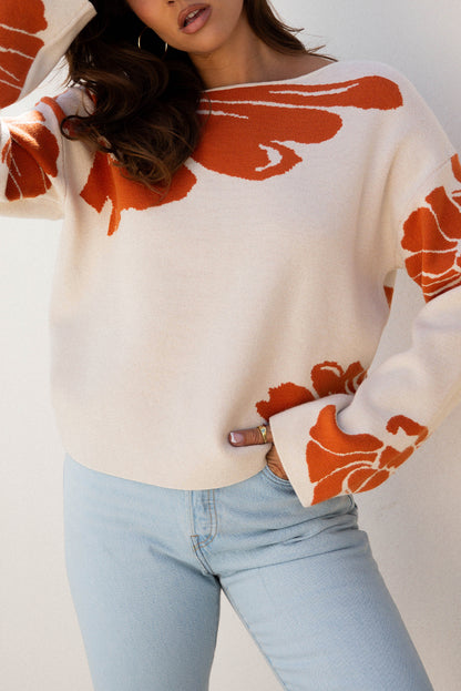 Bold Floral Pattern Wide Sleeve Oversized Sweater