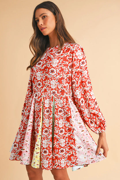 Colorful Floral Patchwork Pleated Mini Dress