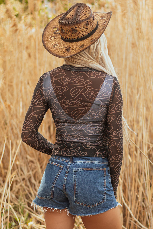 Western Rodeo Printed Mock Neck Long Sleeve Mesh Top
