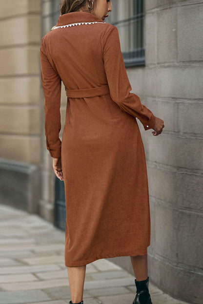 Corduroy Shirt Dress with Ruffle Collar and Belt