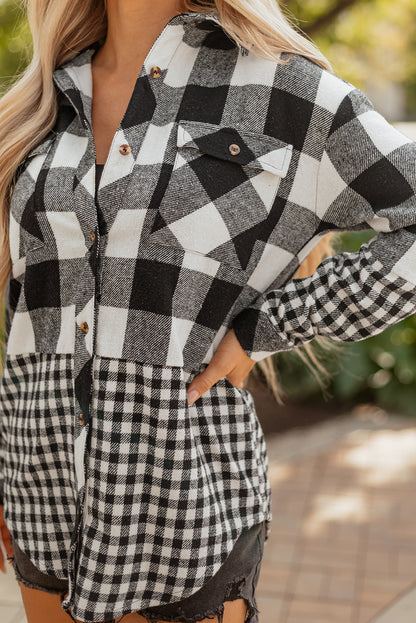 Casual Plaid Hoodie Drawstring Button Shacket