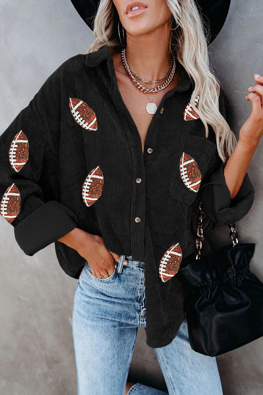 Rugby Sequin Pattern Corduroy Shacket for Halloween and Thanksgiving