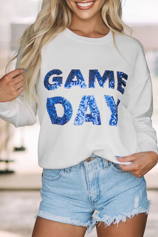 White Sequin GAME DAY Graphic Round Neck Sweater