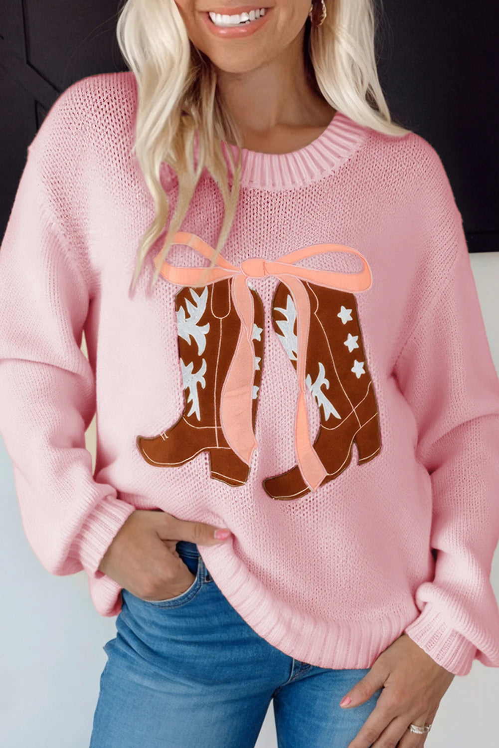 Western Boots Embroidered Bow Knit Sweater