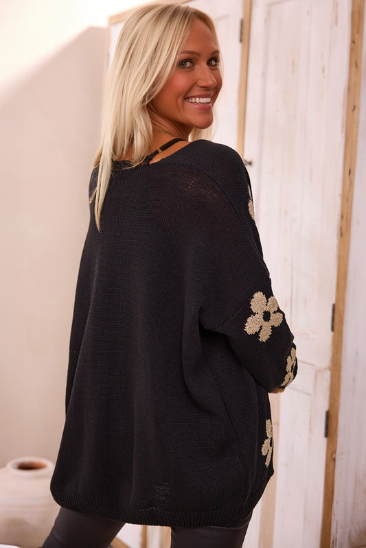 Black Floral Print Knitted Open Front Cardigan