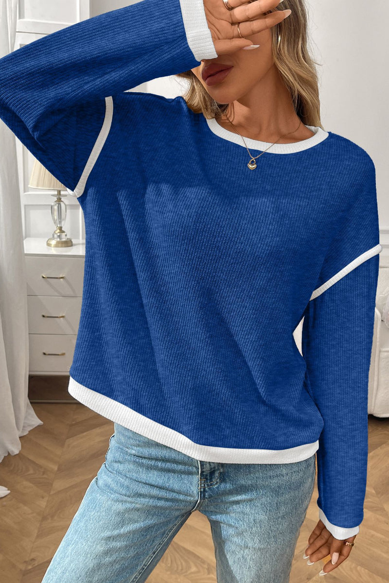 Colorblock Knit Look Crewneck Pullover Top