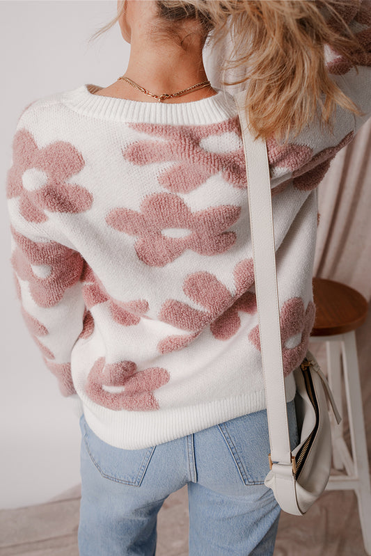 Textured Floral Fuzzy Knit Pullover Sweater