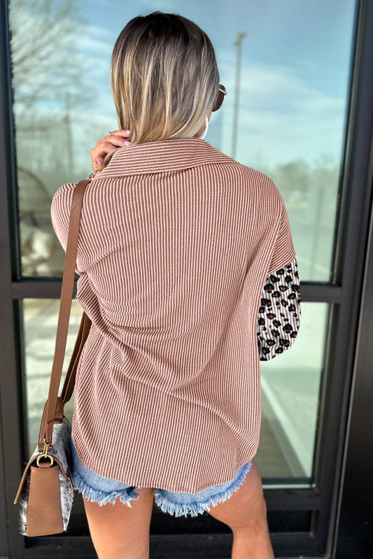 Dark Khaki Leopard Patchwork Ribbed Western Casual Shacket