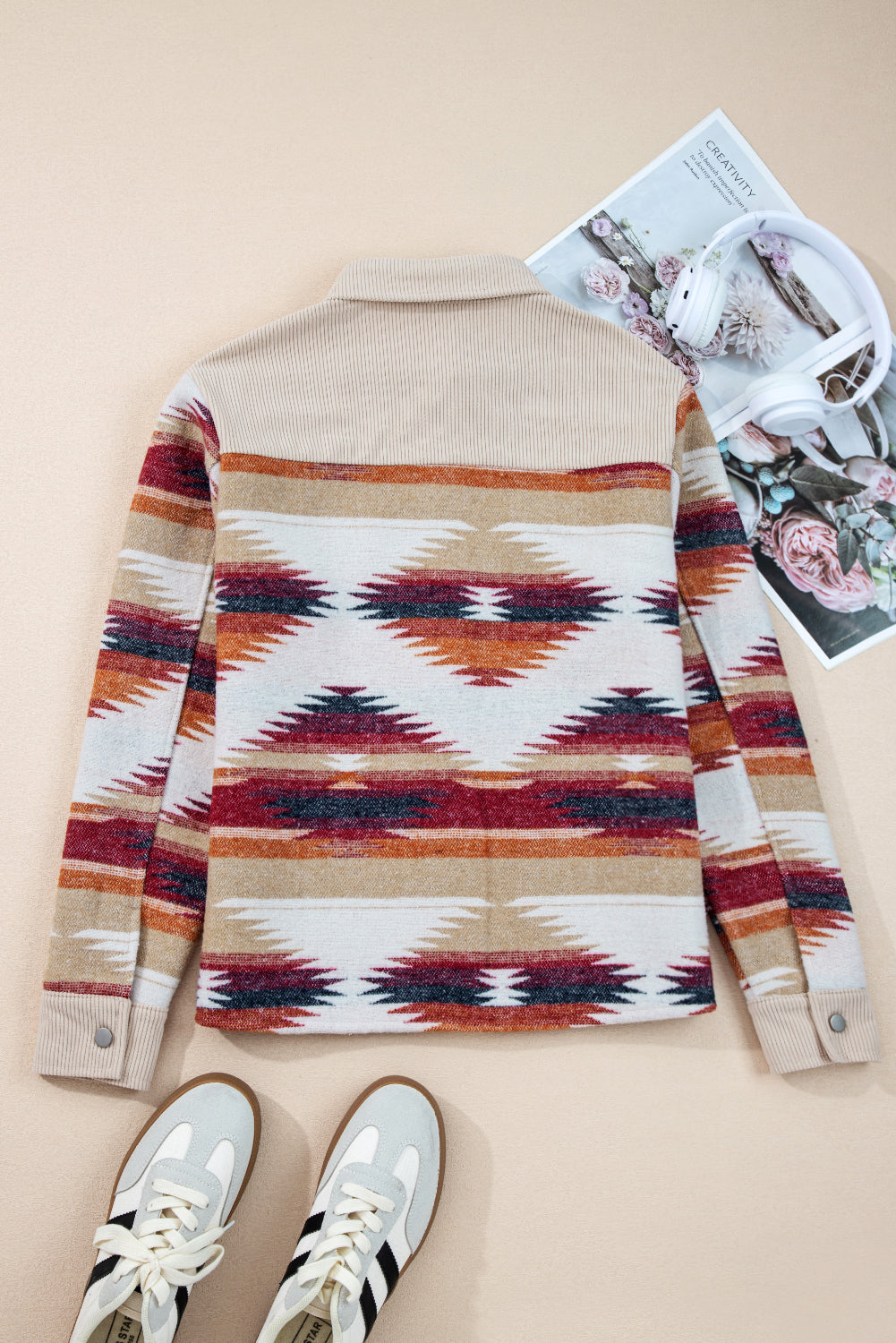 Multicolor Western Aztec Striped Raw Hem Shacket