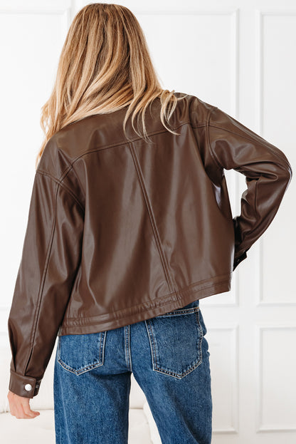 Double Flap Pocket Drawstring Hem Leather Jacket