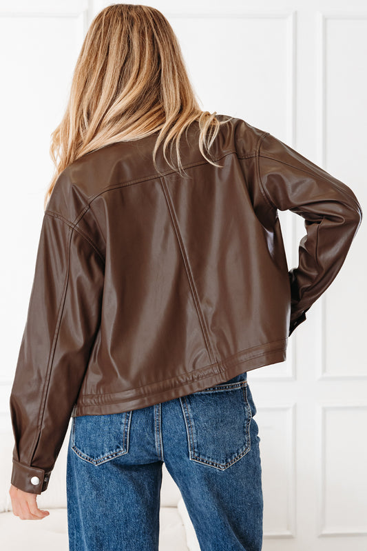 Double Flap Pocket Drawstring Hem Leather Jacket
