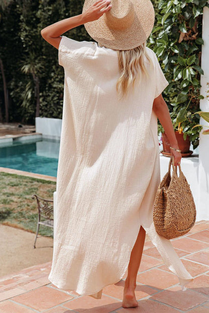 Apricot Crinkled Buttons Maxi Beach Dress