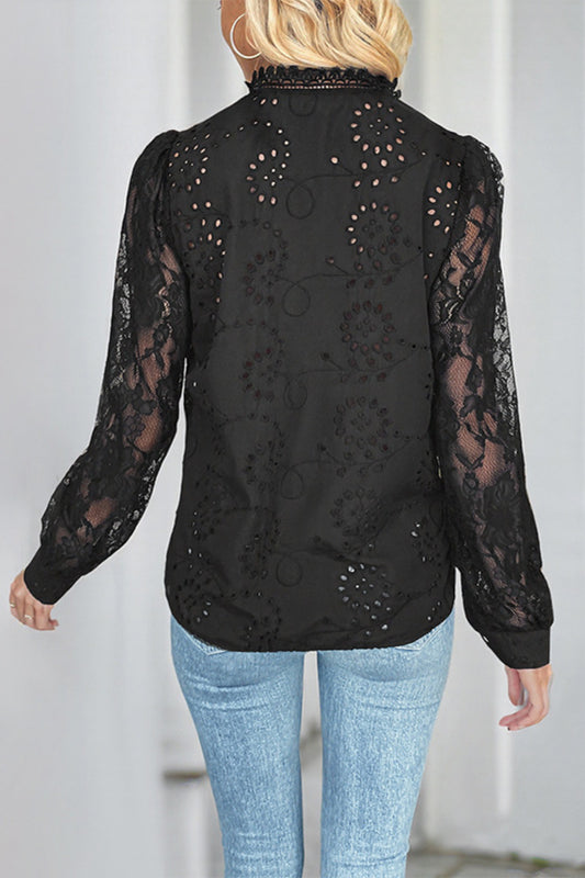 Black Lace Patchwork Long Sleeve Button Blouse