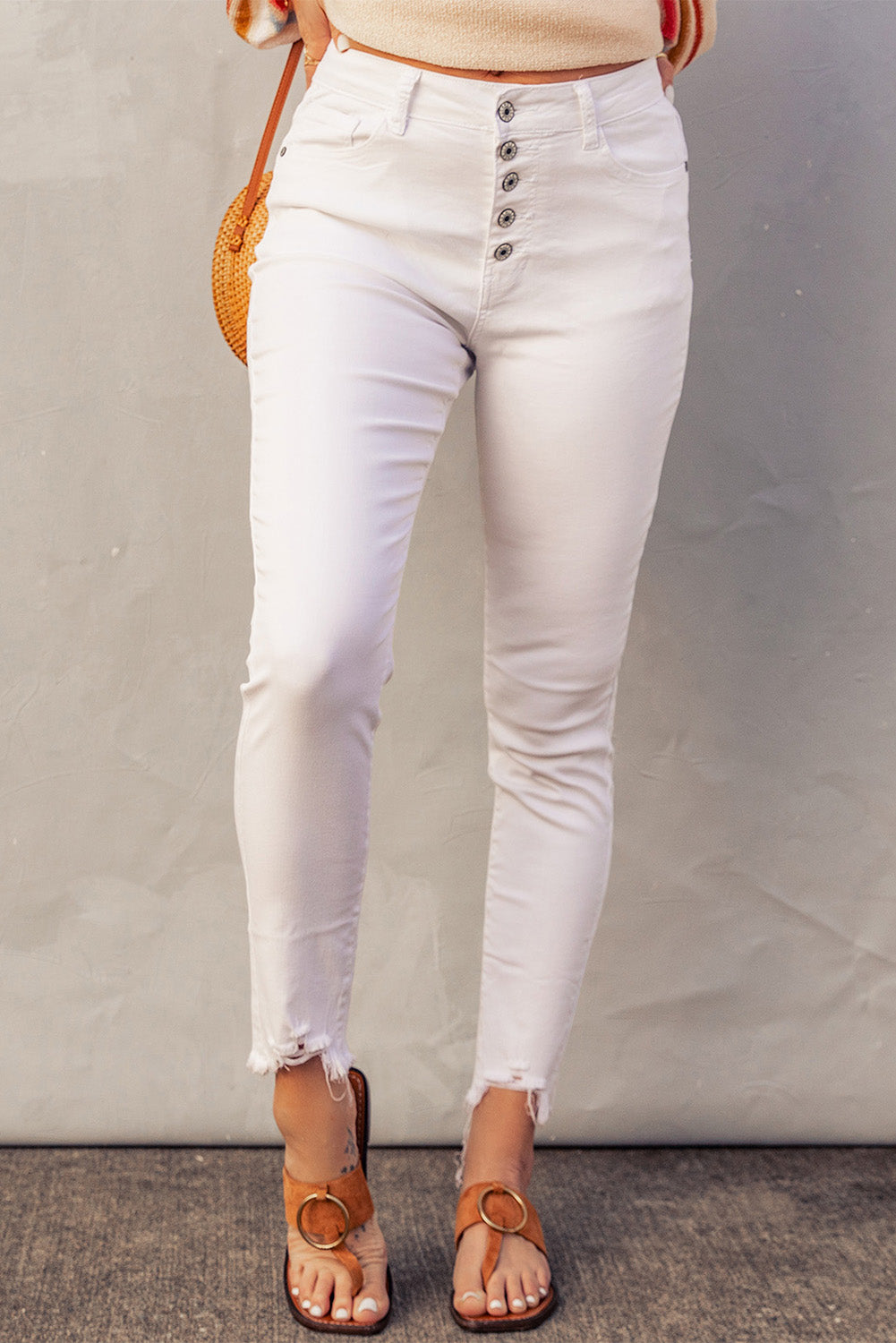 Plain Buttons Frayed Cropped Denim Jeans