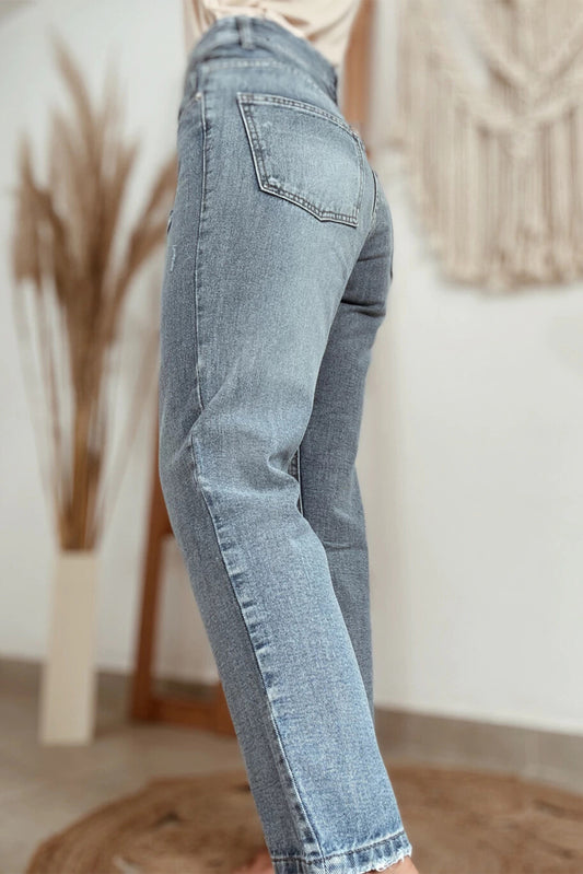 Slightly Distressed Ankle-length Straight Jeans