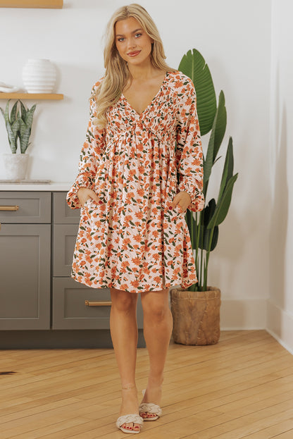 Floral V Neck Smocked Bust Bubble Sleeve Mini Dress