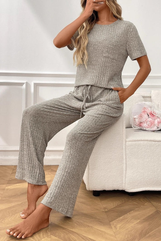 Women’s Casual Ribbed Pajama Set, Short Sleeve Pants