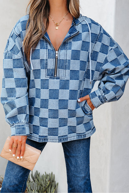 Checkerboard Quarter Zip Kangaroo Pocket Denim Top