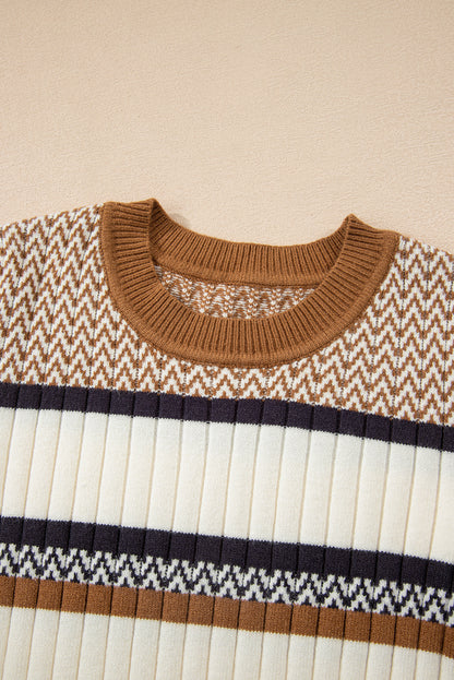 Stripe Stylish Pattern Knitted Ribbed Trim Slim Sweater