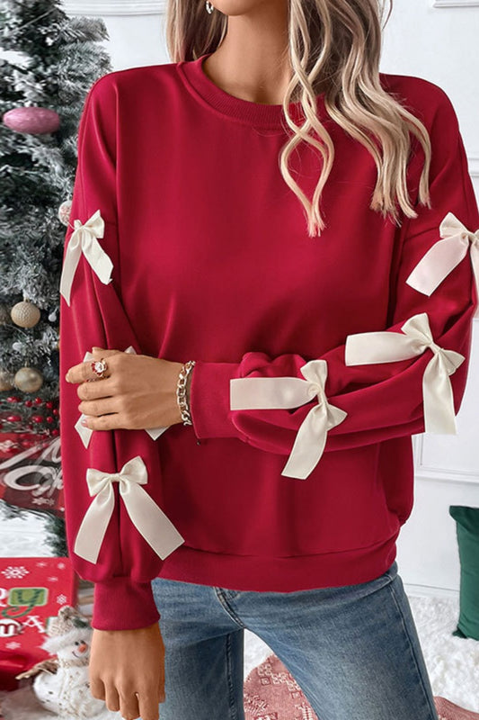 Crew Neck Pullover Top 3D Bowknot Trim Loose Sweatshirts