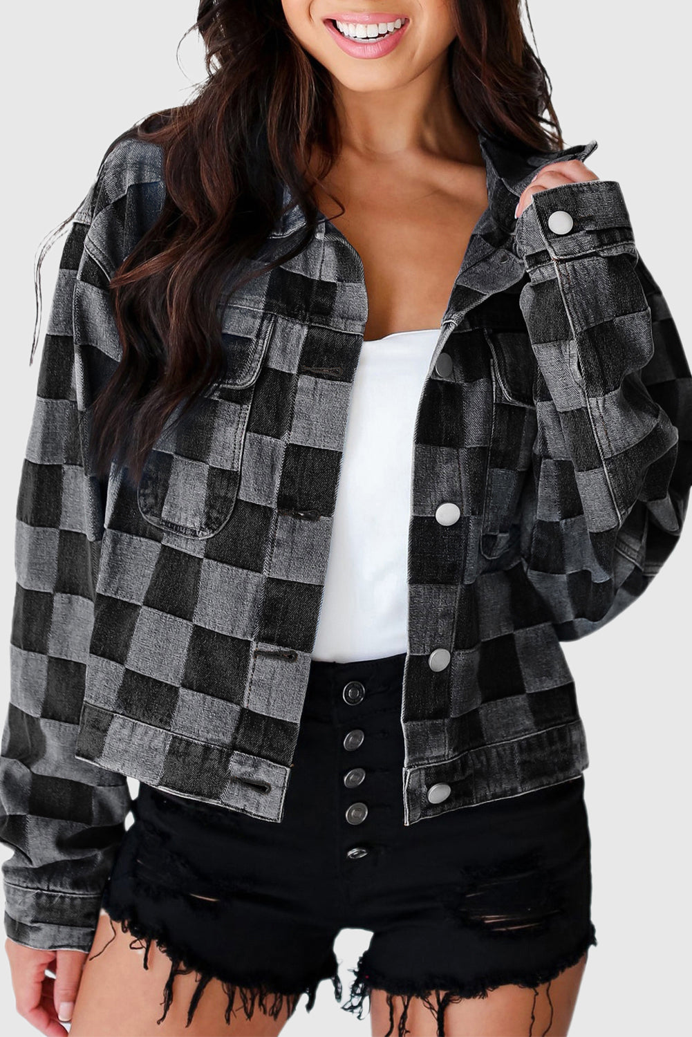 Checkered Patchwork Button up Denim Jacket