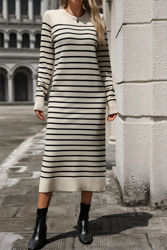 Striped Knit Midi Dress Long Sleeve Sweater Dress