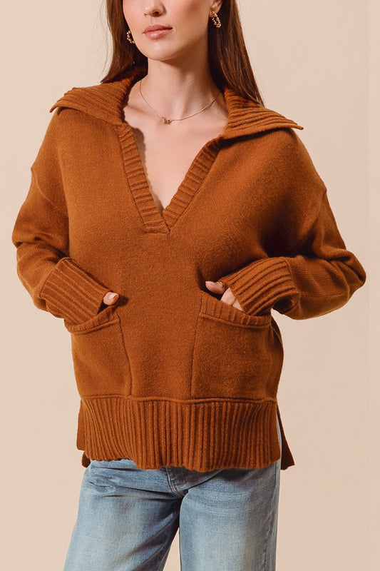 Flap Collar V Neck Sweater Pullover With Pocket