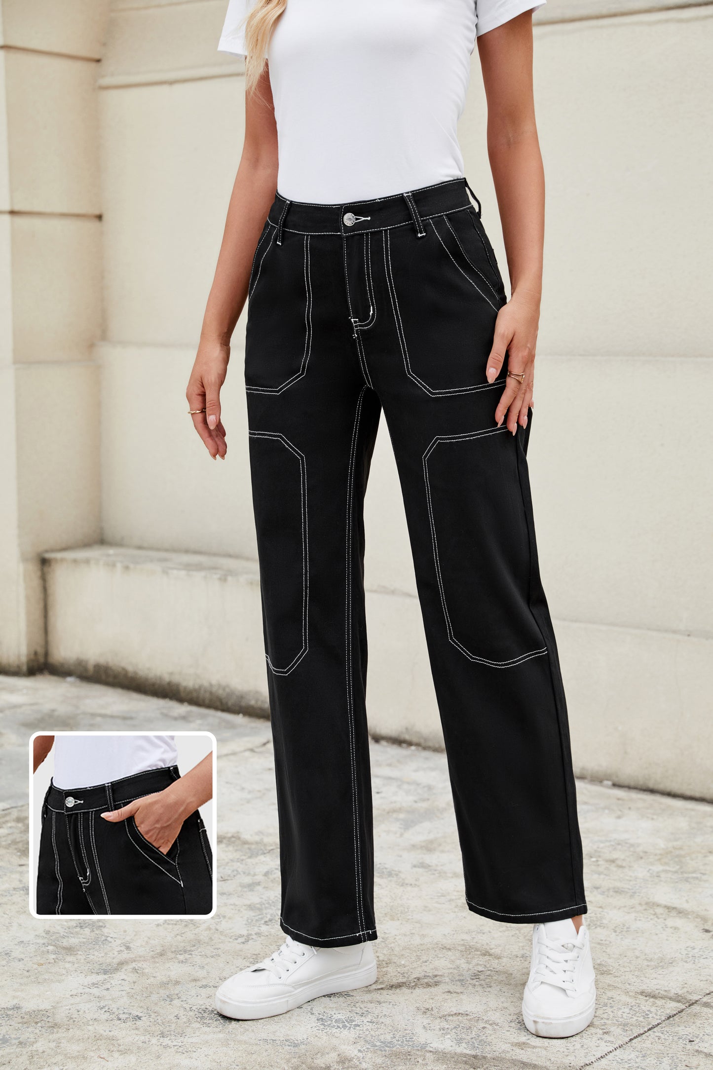 Loose Fit Jeans with Contrast Stitching and Multiple Pockets