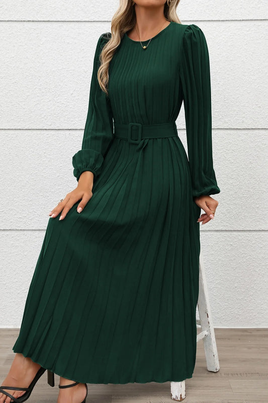 Elegant Fall Pleated Long Sleeve Belted Midi Dress