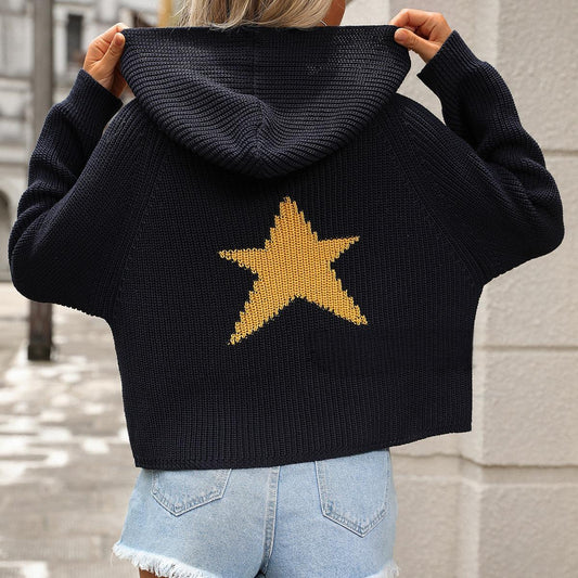 Star Knit Hoodie Cropped Sweater Long Sleeve