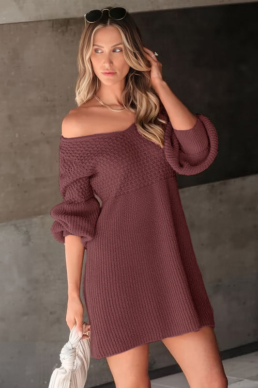 V Neck Long Sleeve Knit Sweater Dress with Balloon Sleeves