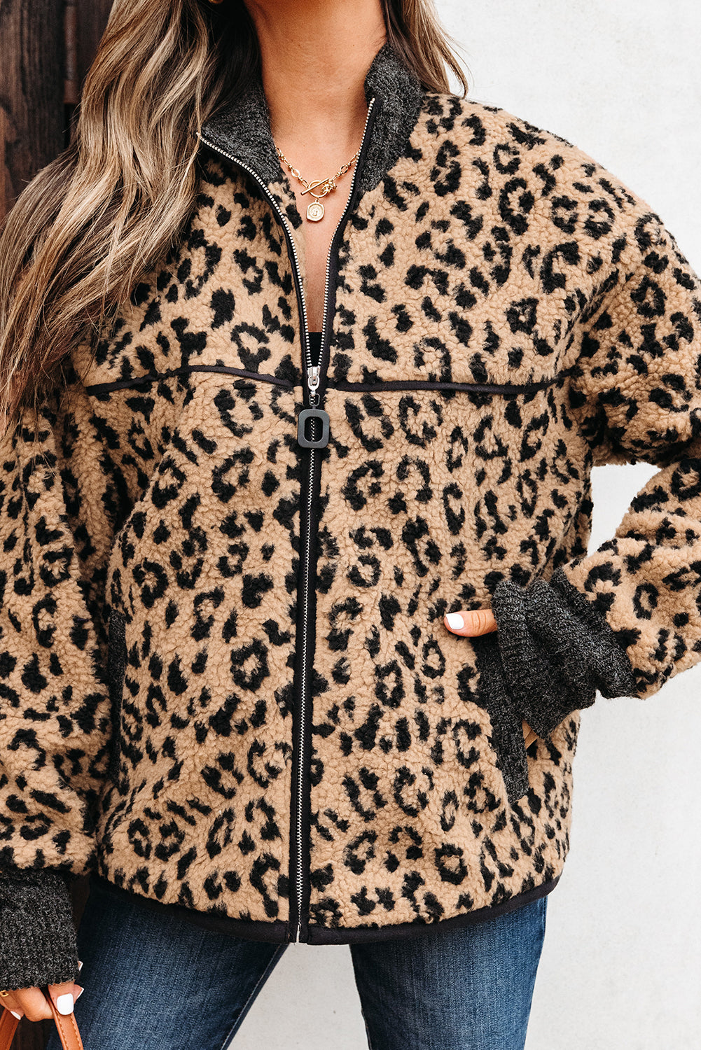 Leopard Zip Up Stand Collar Fall Jacket