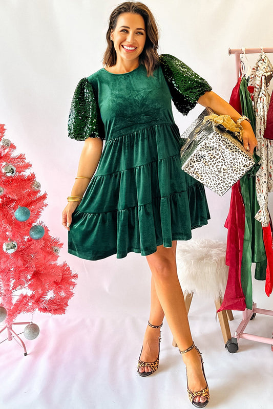 Evergreen Sequin Puff Sleeve Tiered Velvet Mini Dress