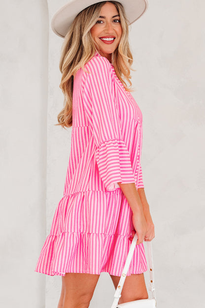 Pink Stripe V Neck Flare Sleeve Mini Dress