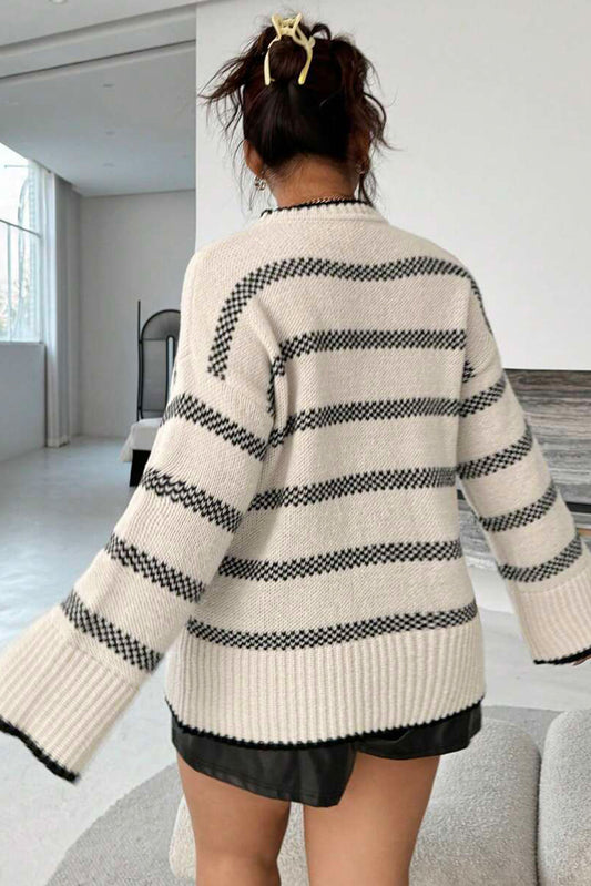 Apricot Stripe Drop Shoulder Crew Neck Knit Sweater