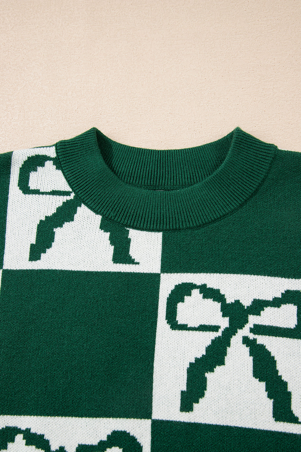 Checkered Bow Print Round Neck Knit Sweater