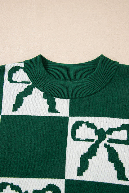 Checkered Bow Print Round Neck Knit Sweater