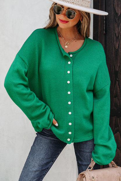 Bright Green Knit Button Front Drop Shoulder Cardigan