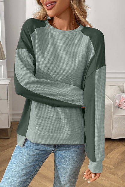 Colorblock Waffle Knit Crewneck Long Sleeve Top