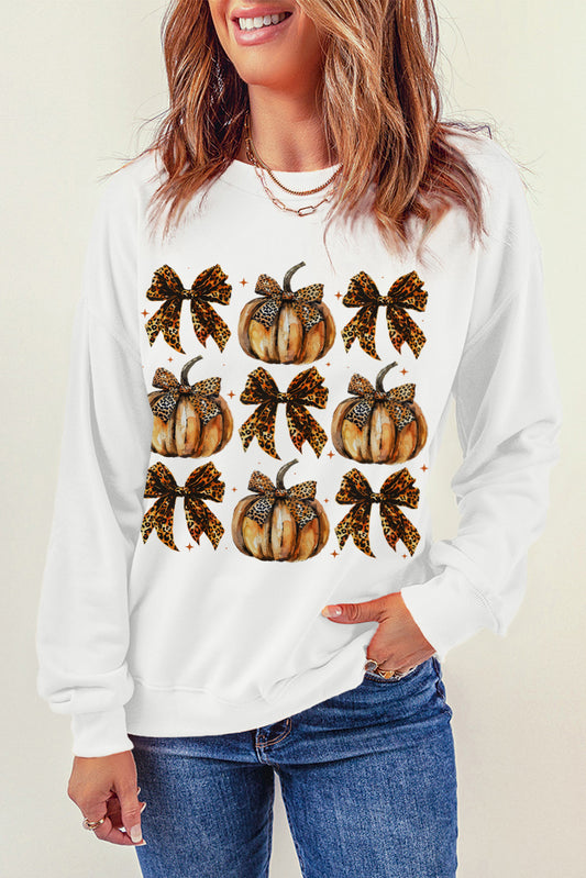 Beige Pumpkin Leopard Bow Knot Print Sweatshirt