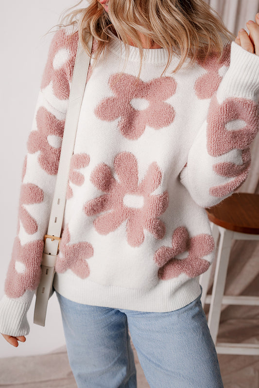 Textured Floral Fuzzy Knit Pullover Sweater