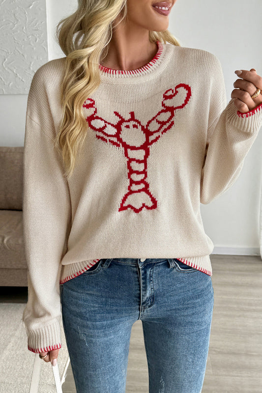 Colorblock Lobster Graphic Crewneck Knit Sweater