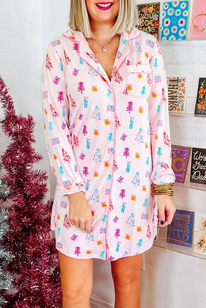 Pink Christmas Tree Print Button-Down Sleep Dress