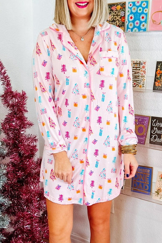 Pink Christmas Tree Print Button-Down Sleep Dress