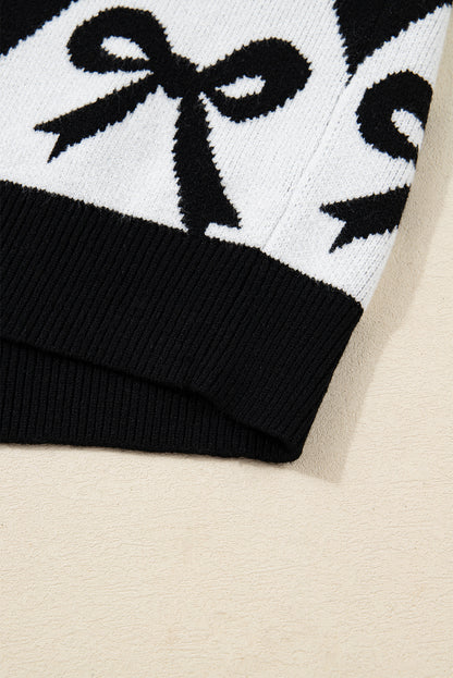 Bow Print Colorblock Rhombus Knit Sweater