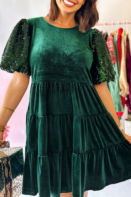 Evergreen Sequin Puff Sleeve Tiered Velvet Mini Dress