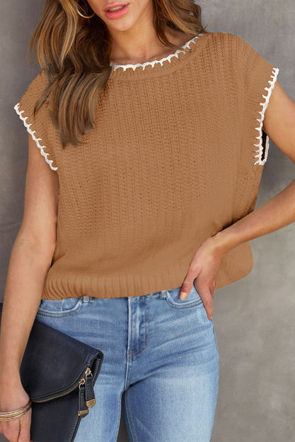 Beige Contrast Trim Boxy Fit Knit Short Sleeve Sweater Top