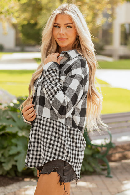 Casual Plaid Hoodie Drawstring Button Shacket
